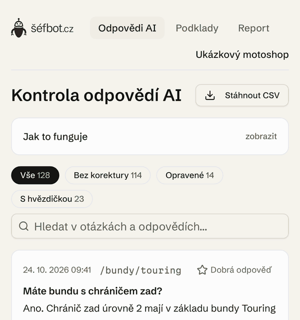 Animace z platformy šéfbot: označení dobré odpovědi hvězdičkou, napsání korektury, interní pokyn pro AI a uložení