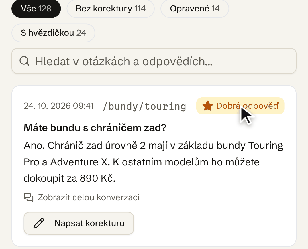 Seznam odpovědí AI v šéfbotovi s hvězdičkou Dobrá odpověď u otázky na bundu s chráničem zad