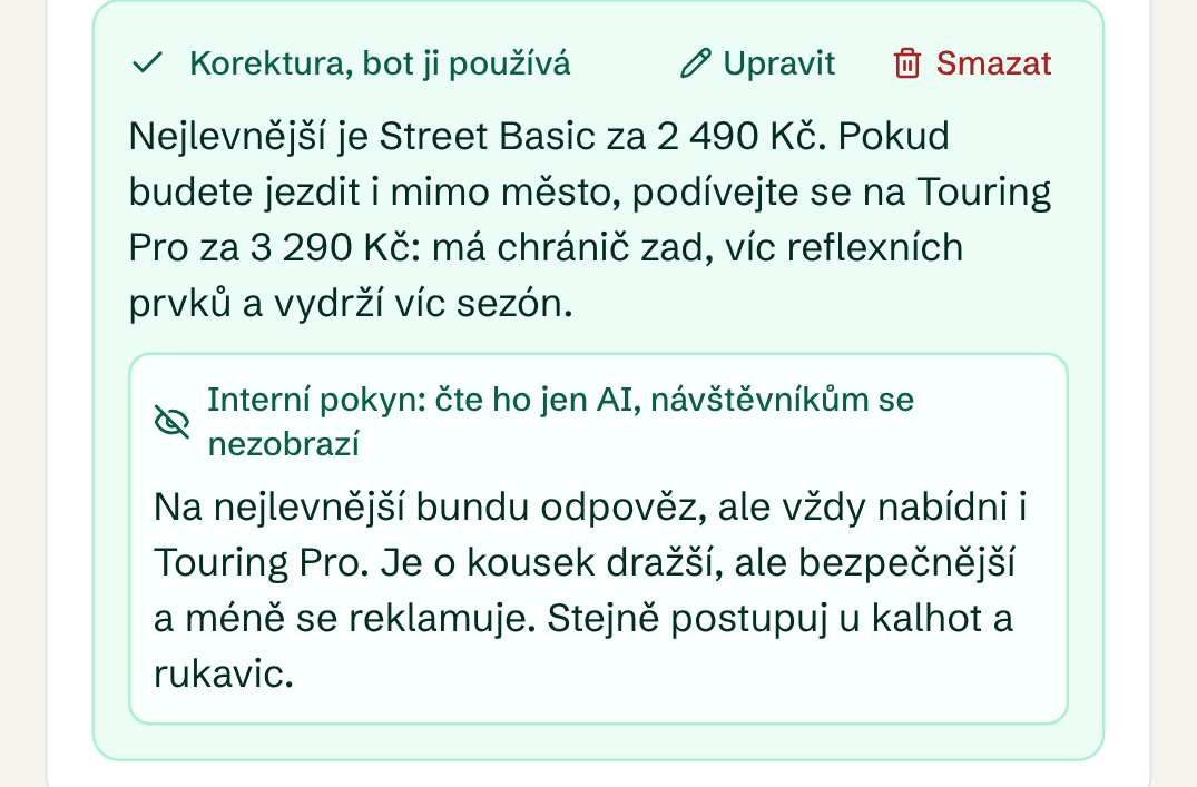 Uložená korektura v šéfbotovi se zeleným potvrzením a interním pokynem, který čte jen AI