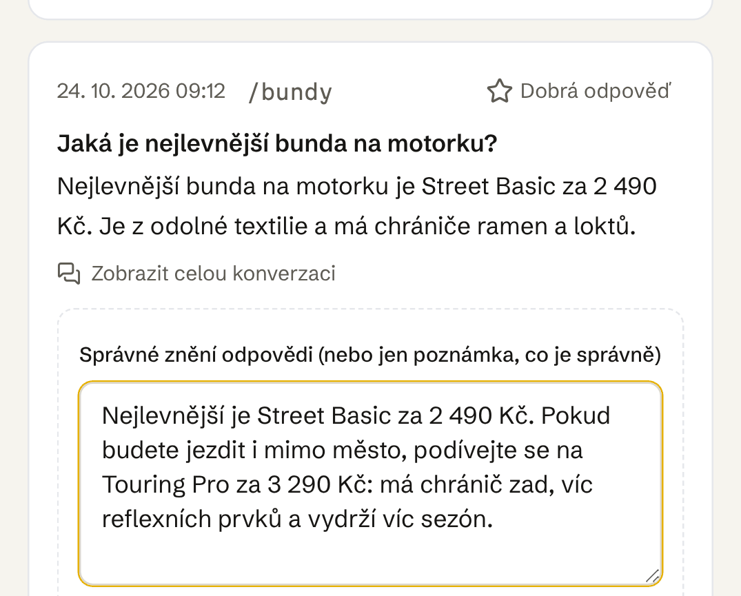 Editor korektury v šéfbotovi u otázky na nejlevnější bundu na motorku s napsaným správným zněním odpovědi