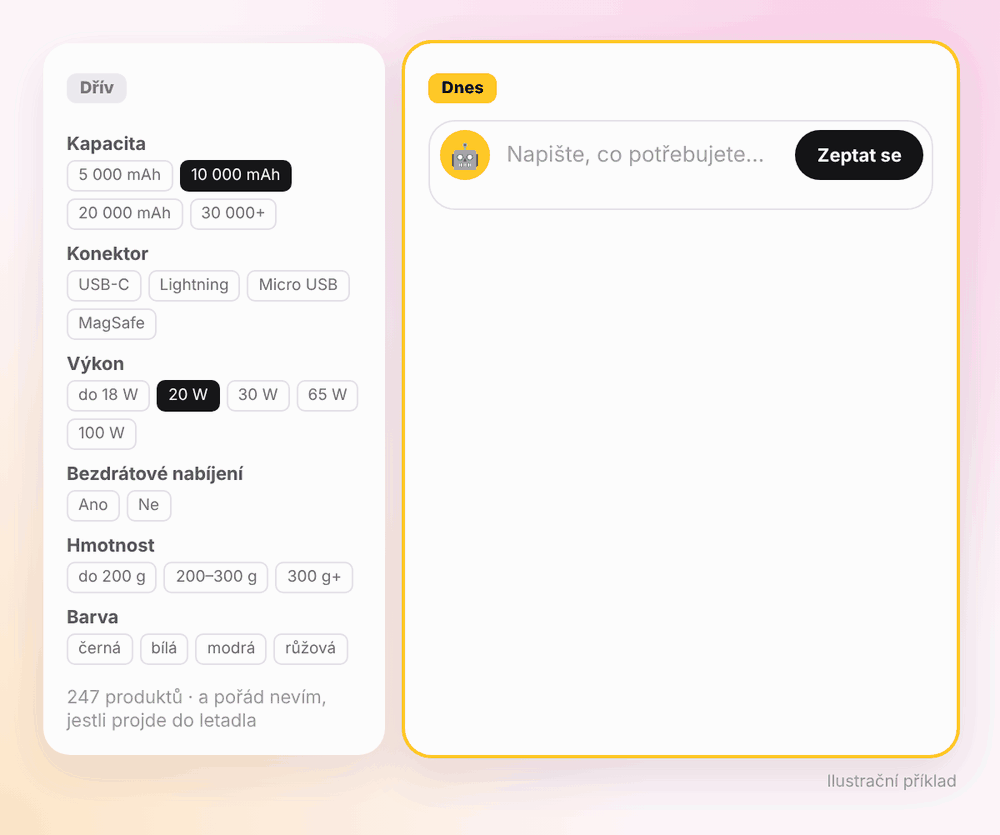Animace: vlevo filtry e-shopu podle kapacity, konektoru, výkonu, hmotnosti a barvy, vpravo napsaná věta „Chci nabíječku, se kterou mě pustí do letadla“ a tři doporučené powerbanky