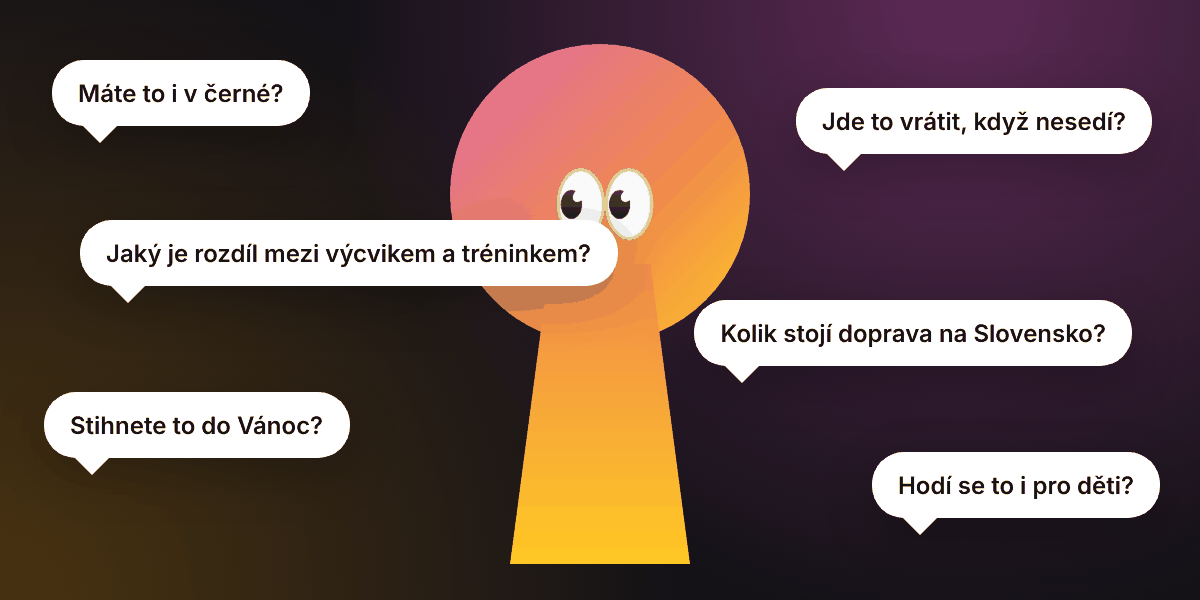 Ilustrace kukátka s očima a kolem něj bubliny s otázkami zákazníků, třeba „Jaký je rozdíl mezi výcvikem a tréninkem?“ nebo „Stihnete to do Vánoc?“