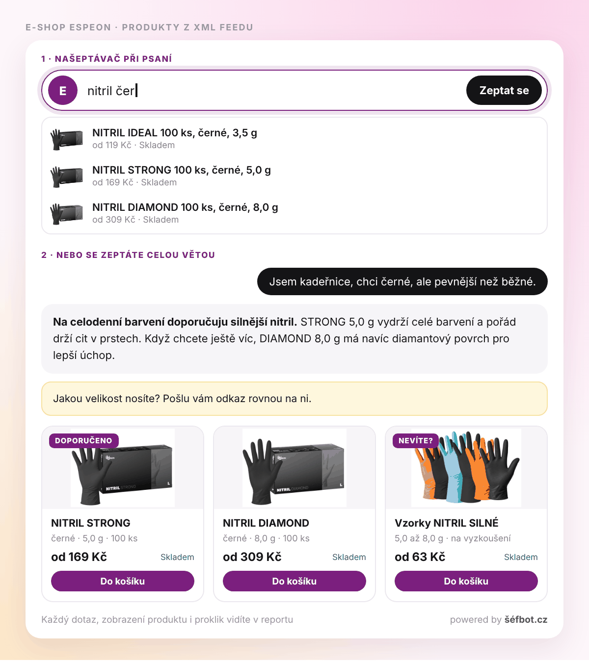 AI vyhledávání na e-shopu Espeon: našeptávač nitrilových rukavic při psaní, odpověď na dotaz kadeřnice a karty produktů s cenou a tlačítkem Do košíku